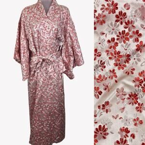 Vintage Japanese Kimono Robe One Size Red Floral Satin Wrap Japan